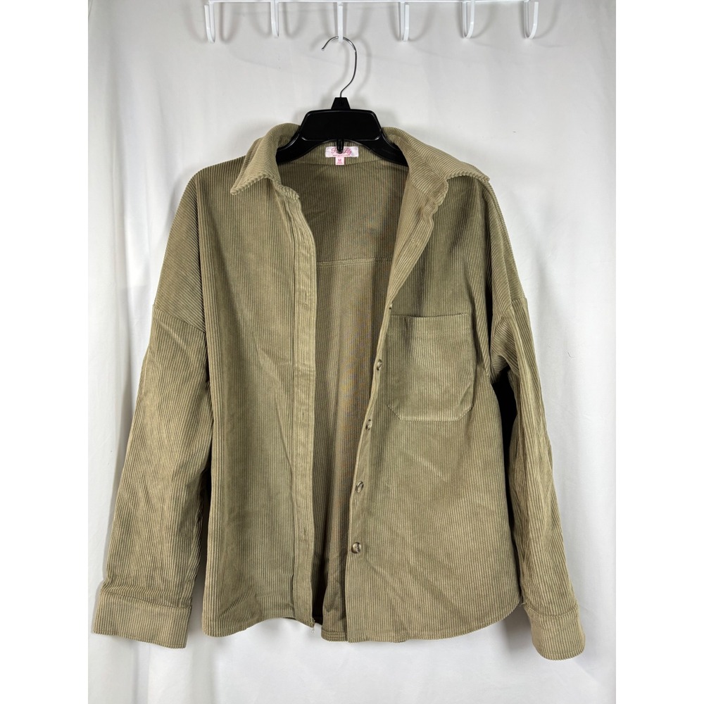 Pink Lily Womens Medium Olive Green Corduroy Shacket Oversized Button Down Shirt